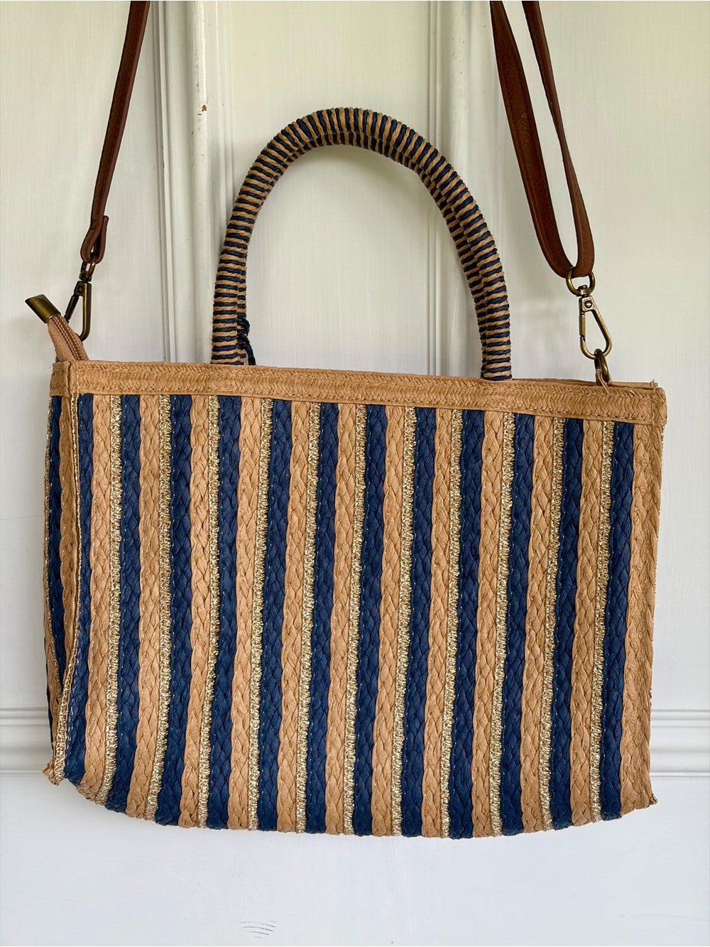 Striped Tan and Navy Straw Tote with Tassel - Picture 4 of 7